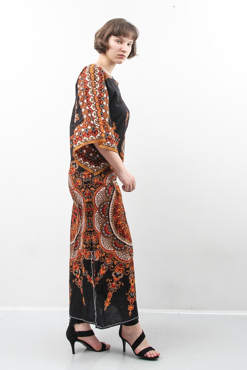African Print Maxi Dress Black Paisley Dress Printed Oriental Dress Long Sleeve Dress Medium Dress Original Java Prints Bohemian Dress