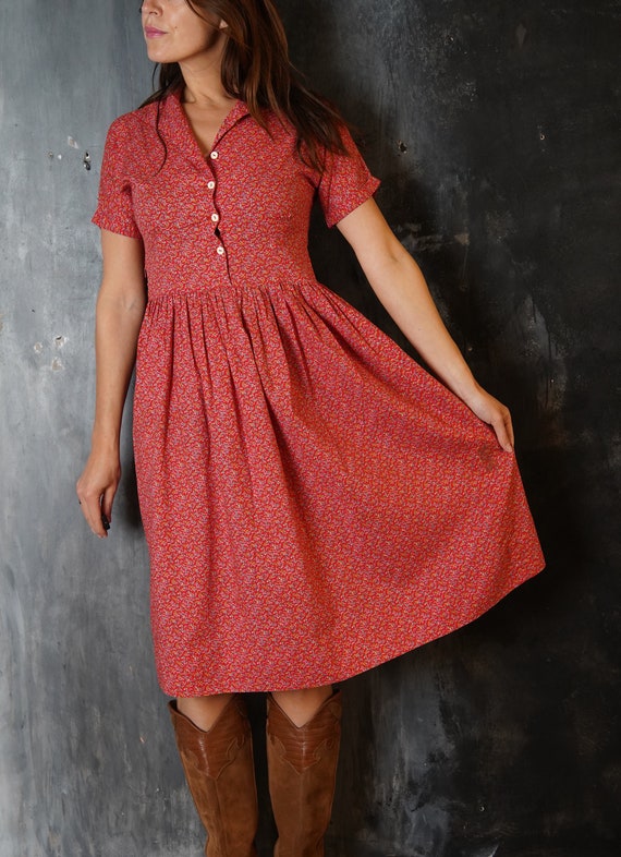 80s Red Cotton Dress / Vintage Bohemian Dress / C… - image 4