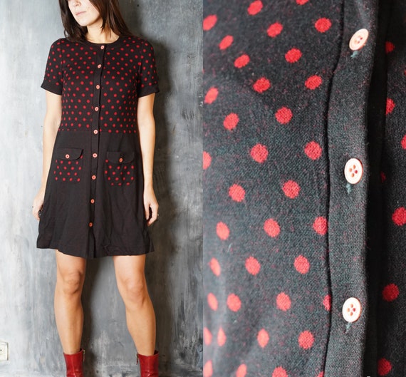 60s Button Up Dress / Vintage Dotted Dress / 60s … - image 1