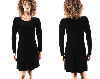 Vintage Black Velvet Mini Dress: 90s Italian Long Sleeve (XS)