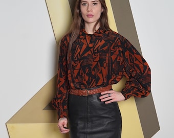 Vintage 80s Lenvol French Abstract Blouse / Oversized Button Down Shirt / Orange Black Geometric Print Top / Batwing Sleeve Retro Blouse