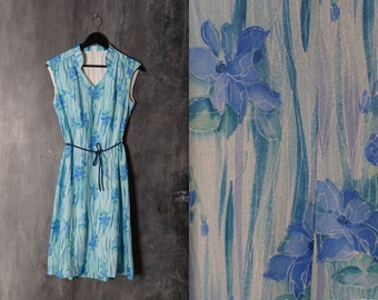 80s Blue Floral Dress / Vintage Floral Dress XL / Sleeveless Dress / Pencil Dress / Boho Bohemian Dress / Retro Dress