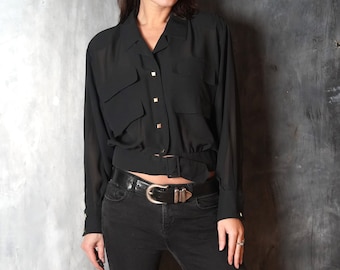 Vintage Women Black Jean Paul Button Up Shirt / Women Black Blouse / Loose Black Top / Padded Shoulders Top / 80s Women Black Blouse