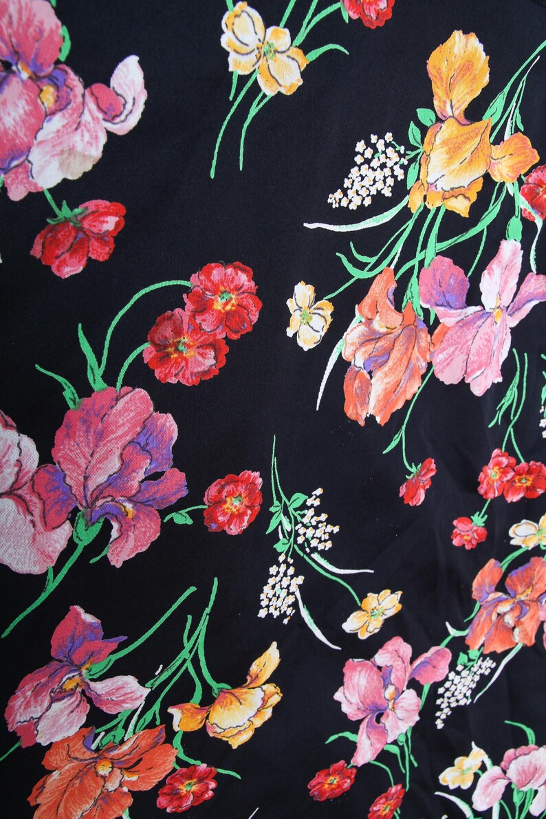 70s Black Floral Dress Maxi Long Dress Short Sleeve Dress Vintage Boho Bohemian Dress Retro Printed Dress Medium Belted Dress