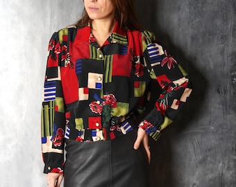 Vintage French Blouse / 90s Long Sleeve Geometric Floral French Blouse / Elegant Blouse / Women Long Sleeve Shirt Made in France