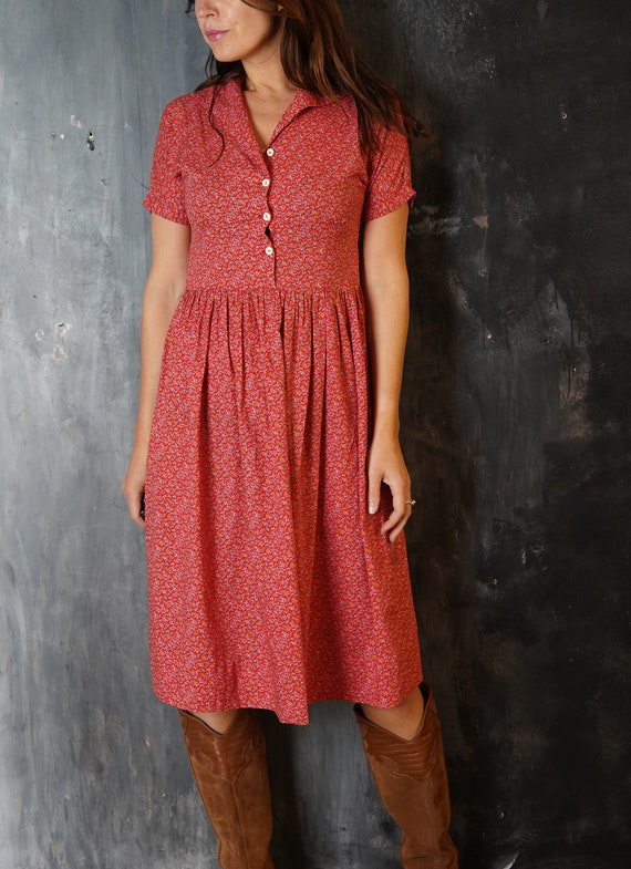 80s Red Cotton Dress / Vintage Bohemian Dress / C… - image 5