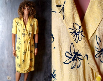 Vintage Fink Dress / Yellow Floral Wrap Dress / 80s Short Sleeve Midi Dress / Bohemian Summer Large Dress / Boho Dress / Vintage Dress
