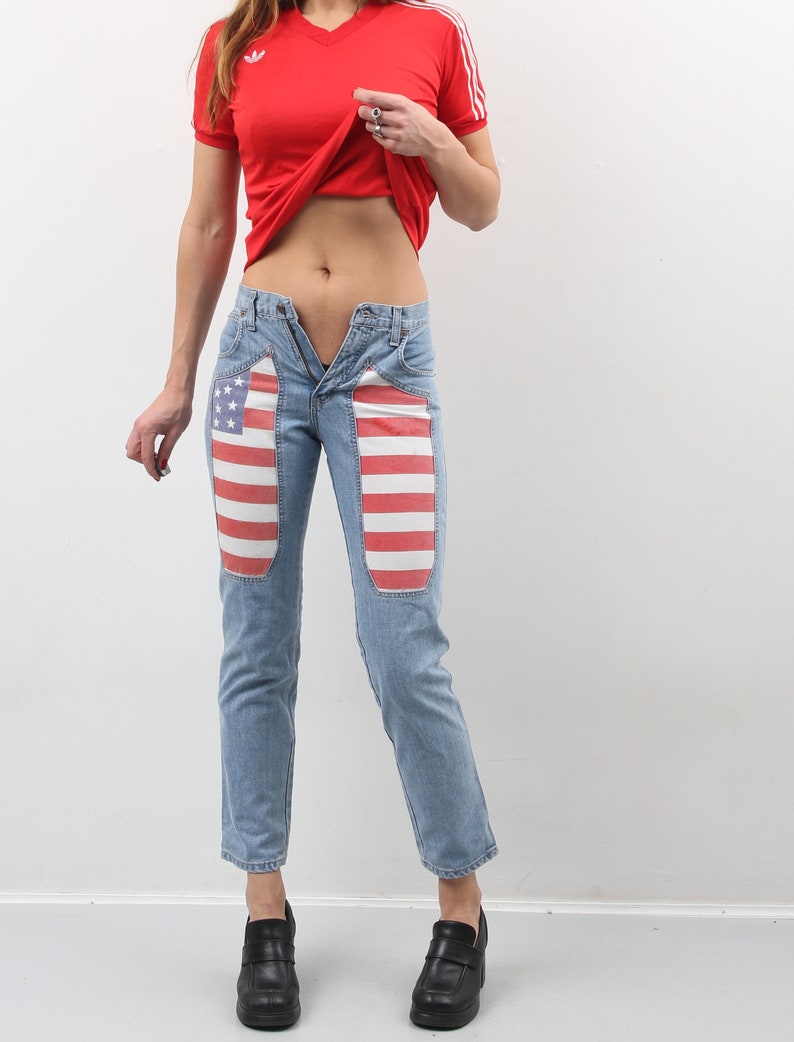 Woman Light Blue Jeans USA Flag Patches / Vintage Woman Jeans Etsy