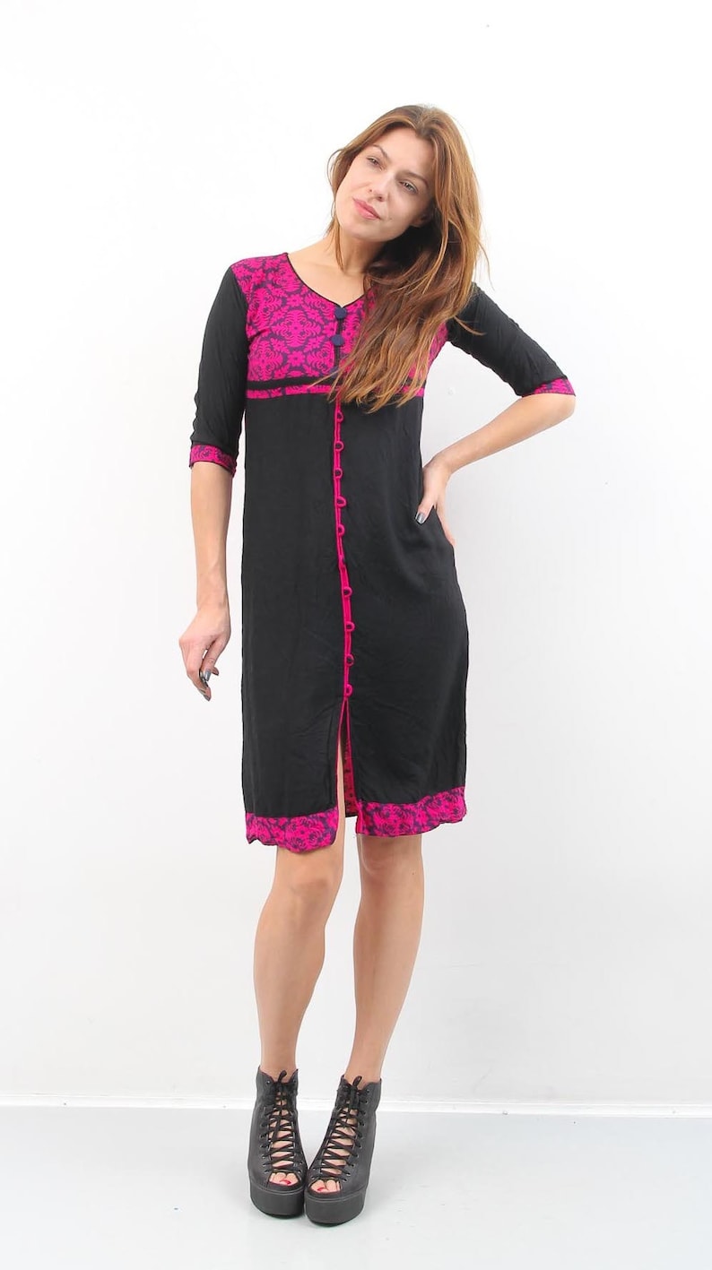 Vintage Caftan Vintage Kaftan Black Pink Dress Vintage Tunic Midi Dress Summer Dress Casual Dress Day Dress Midi Tunic
