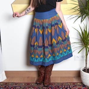 80s Mondi Skirt / Vintage Blue Geometric Skirt / Made in West Germany Skirt / Small Medium Skirt / Bohemian Boho High Waist Summer Skirt
