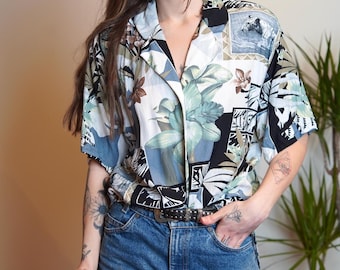 Vintage 90s Jungle Print Oversized Shirt: Blue Tropical Botanical Top