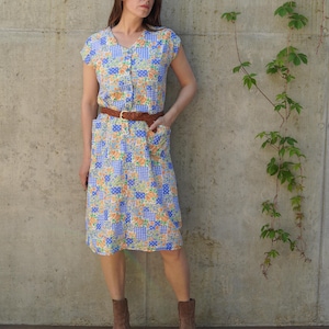 Vintage summer Dress / Polka Dot Checkered Abstract Dress / 80s Dress / Short Sleeve Dress / Large Medium Dress / Casual Day Cotton Dress