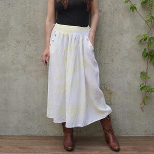 Vintage White & Yellow Linen Skirt: 90s High Waist, Pockets, Made in Italy