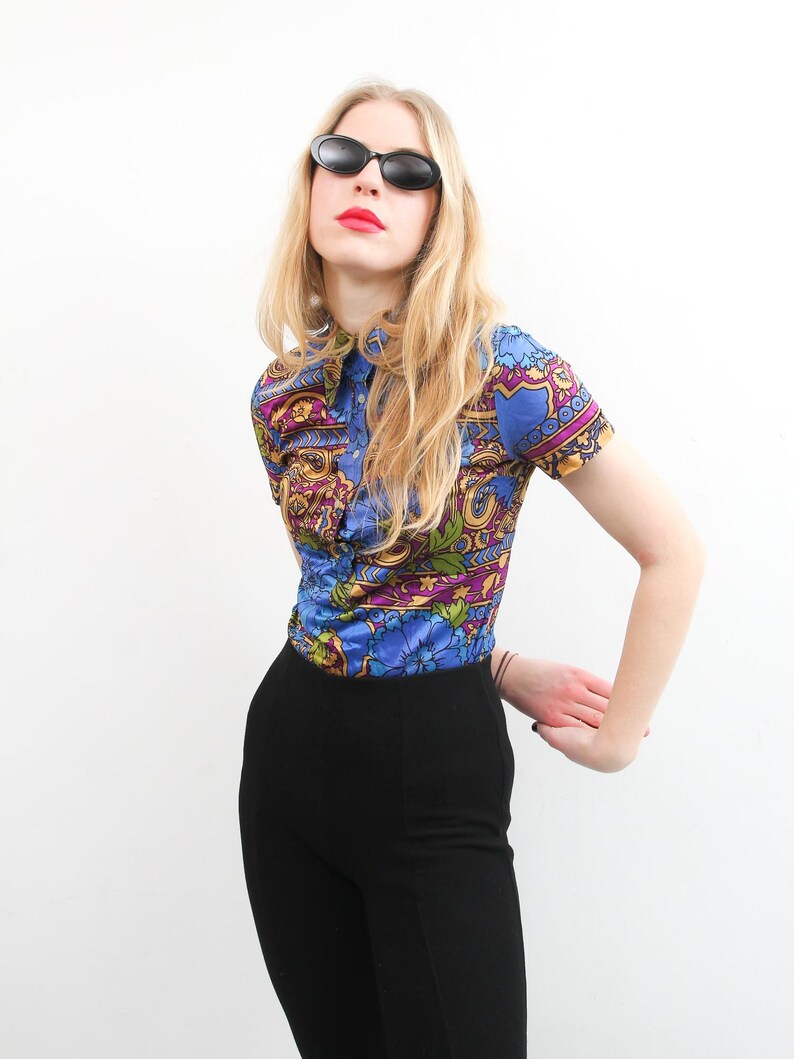 Vintage Romeo Fashion Top Small 90s Top Floral Print Short Sleeve Shirt Colorful Bohemian Top Button Up Collared Shirt Boho Top