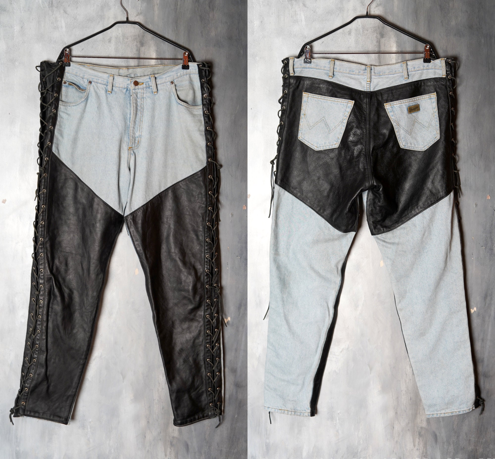Leather wrangler shop jeans