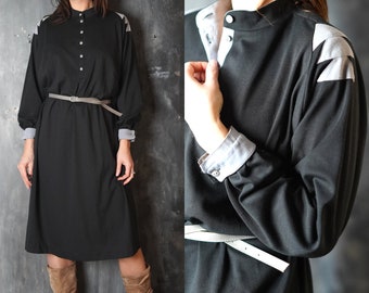 80s Black Dress / Vintage Black Dress With Grey / Long Sleeve Loose Dress With Belt / Large Black Dress / Retro Dress /80s Black Midi Dress