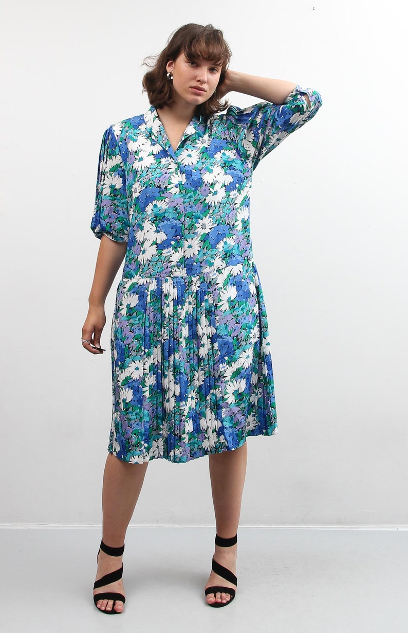 Vintage Floral Dress Midi Pleated Dress Blue Purple Printed Dress Boho Bohemian Dress Retro Summer Dress Large Colorful Dress Size L