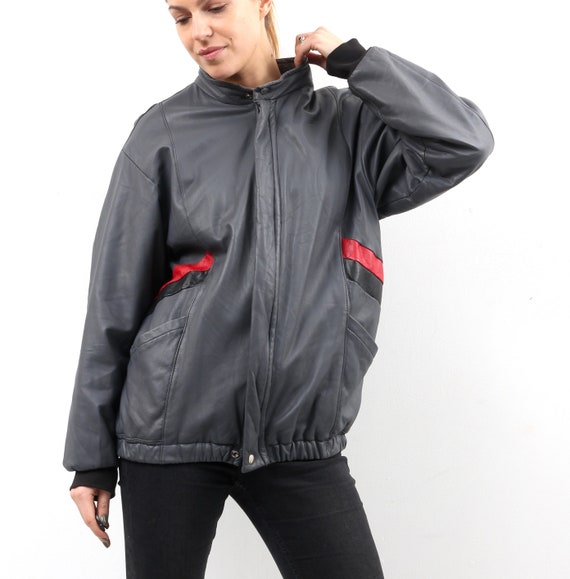 80s Grey Leather Bomber / Man Leather Bomber / Man