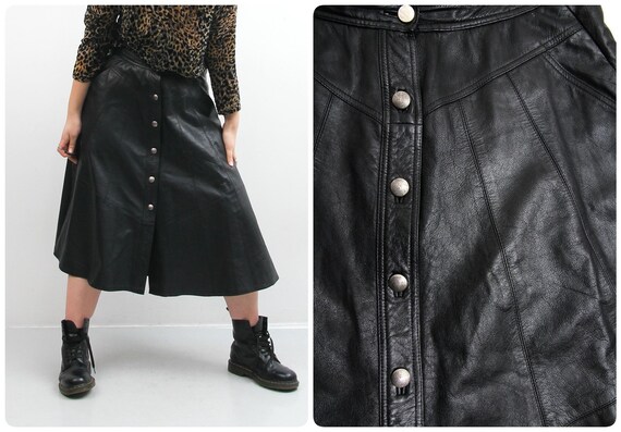 Vintage Leather Skirt / Button Up Skirt / Black Sk