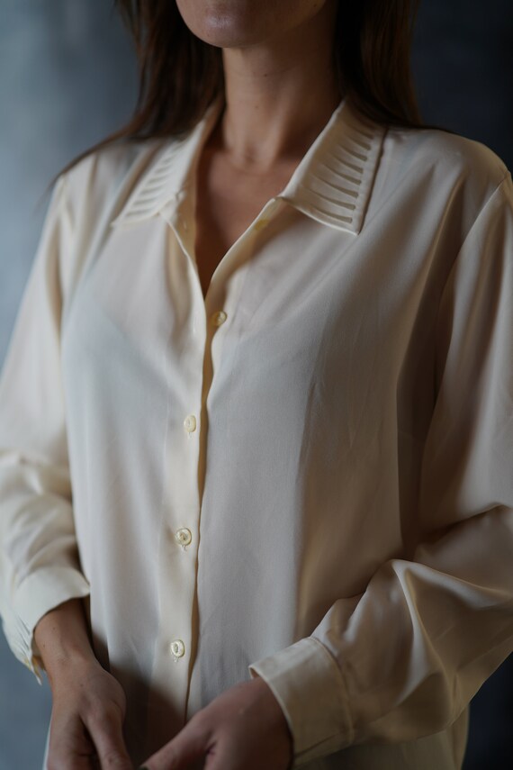 Vintage Beige Solid Blouse / 90s Women Button Up … - image 8