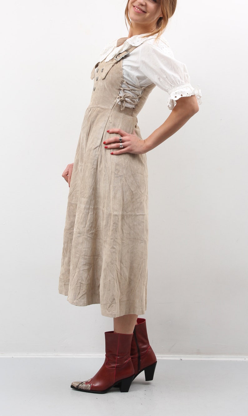 Vintage Beige Suede Leather Dress Landhaus Trachten Dress Dirndl Suede Dress Lace Up Dress Austrian Dress Folk Bavarian Dress