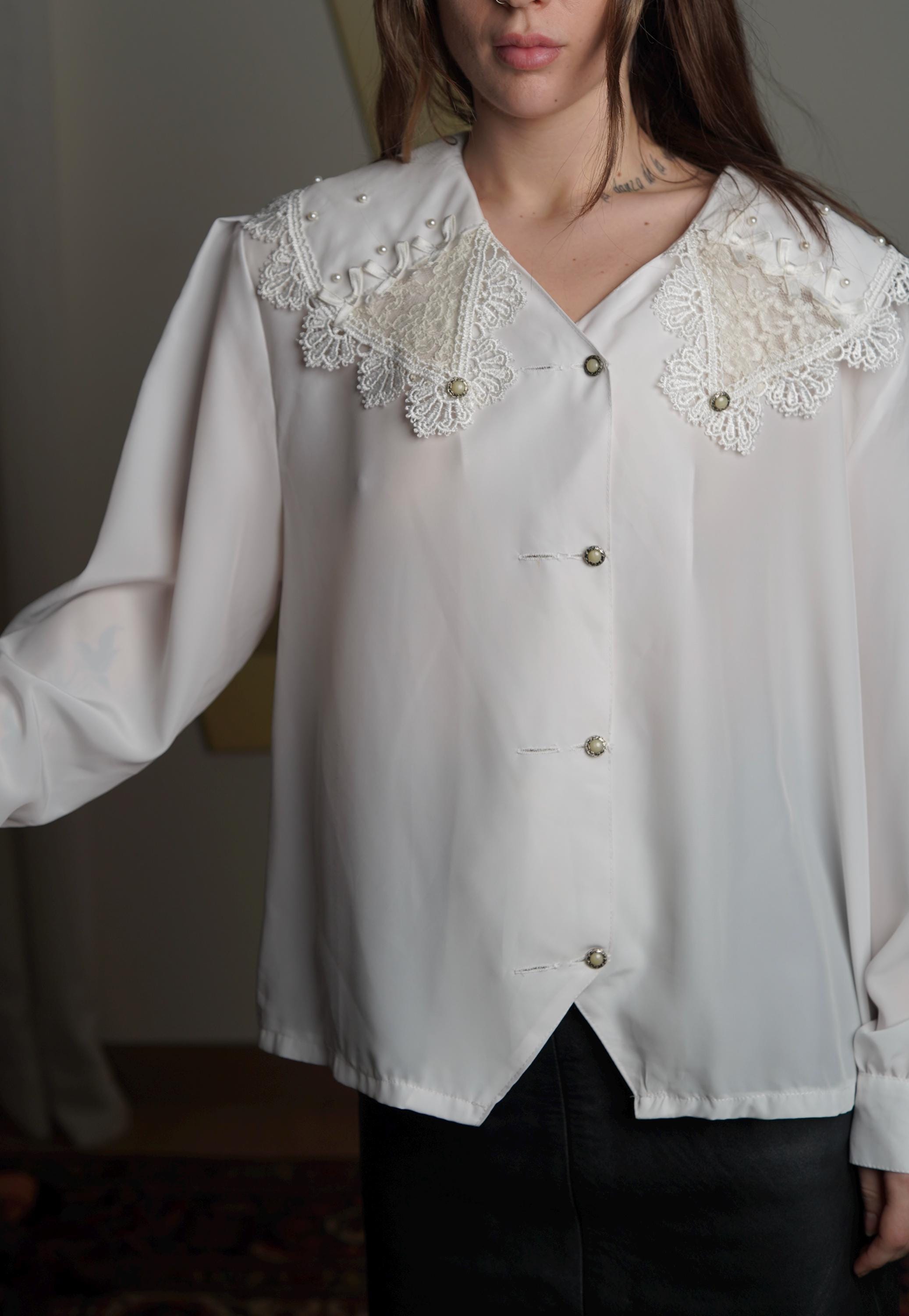 Vintage 90s White Blouse: Victorian Lace Collar, Pearl Buttons - Etsy