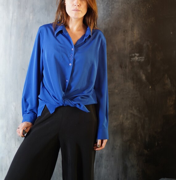 Vintage dames blauwe lange mouw loose fit blouse 90s dames maat