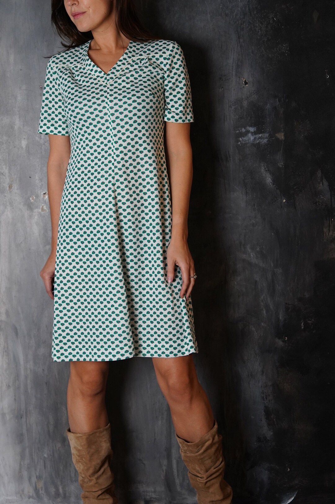 70s French Vintage Dress: White & Green Abstract Print, Size L - Etsy  Australia