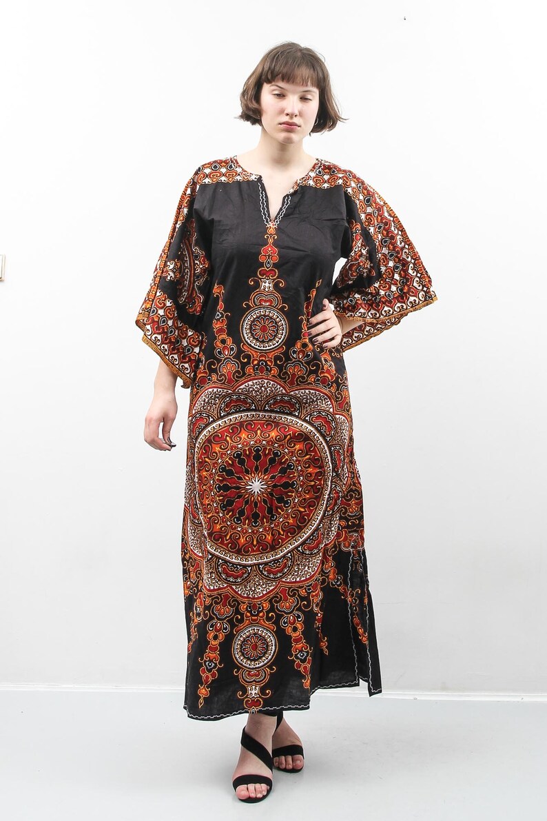 African Print Maxi Dress Black Paisley Dress Printed Oriental Dress Long Sleeve Dress Medium Dress Original Java Prints Bohemian Dress