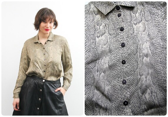 Vintage 80s Marshall Rousso Snake Print Button Front Shirt Blouse Sz Large