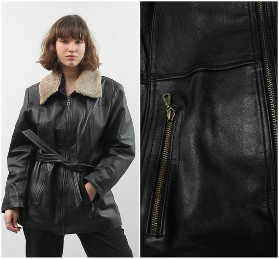 Vintage Black Leather Jacket / Collared Belted Lea
