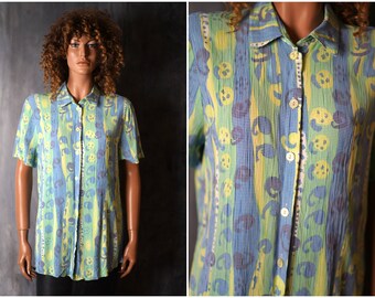 Psychedelic Shirt / 90s Shirt / Colourful Shirt / Abstract 90s Shirt / Boho Blouse / Short Sleeve Colourful Top / Vintage Loose Blouse