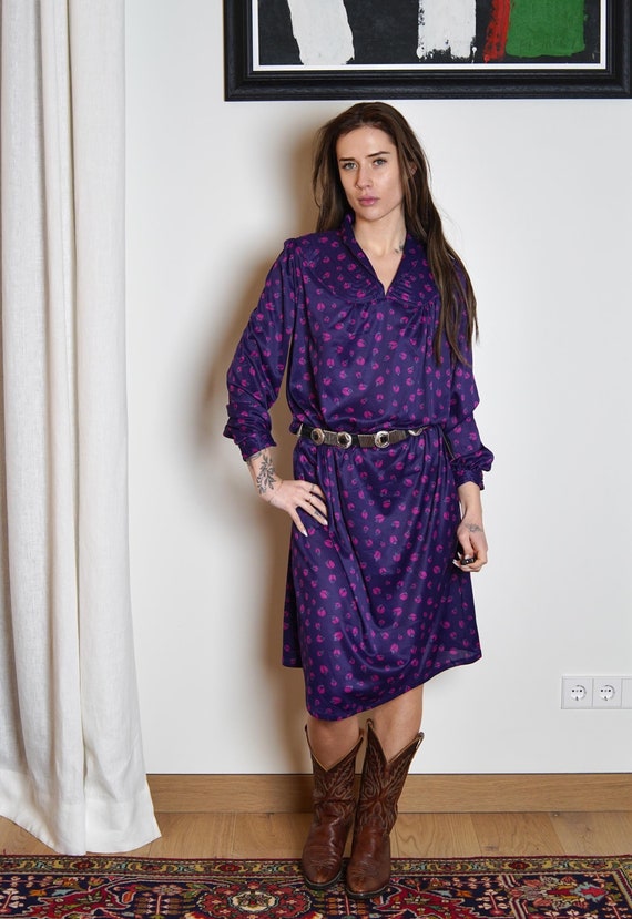 Vintage 70s Purple Floral Print Midi Dress/french Long Sleeve