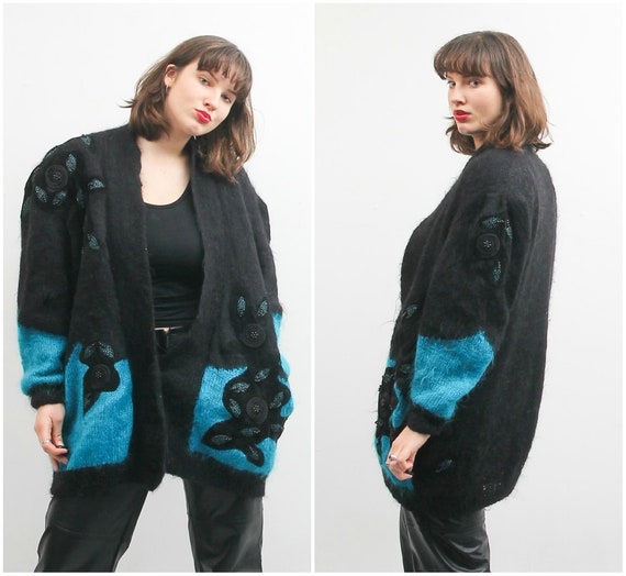 Vintage Black Blue Cardigan / Embroidered Wool Moh