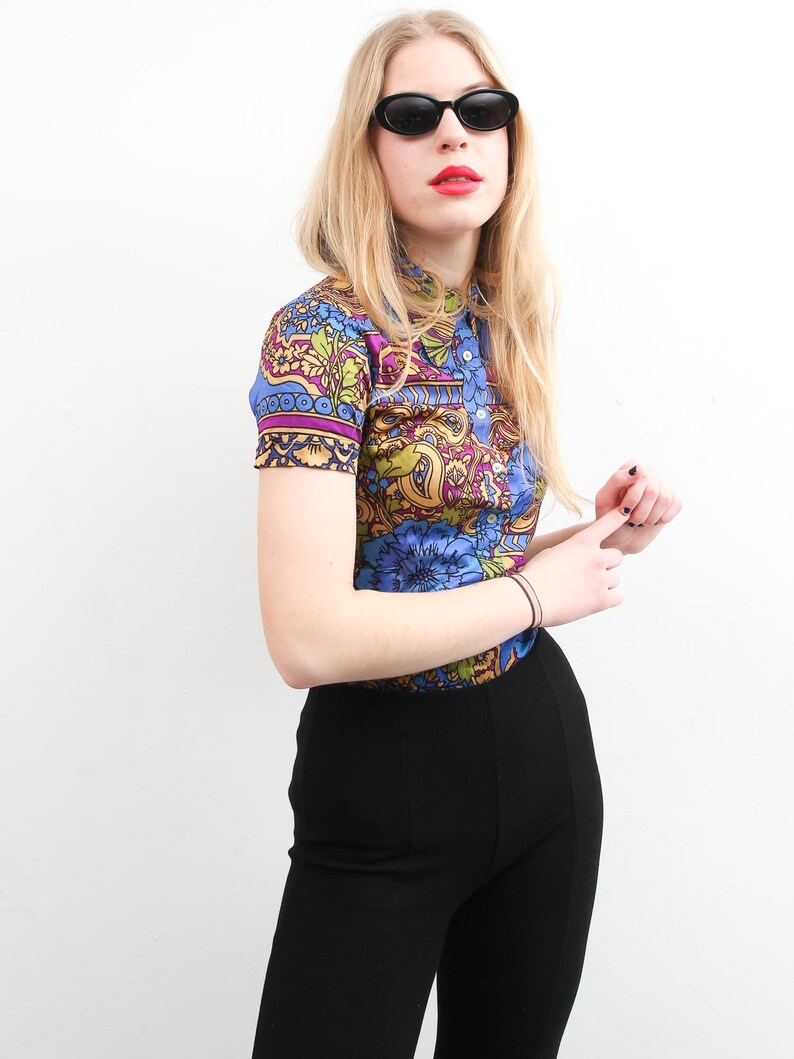 Vintage Romeo Fashion Top Small 90s Top Floral Print Short Sleeve Shirt Colorful Bohemian Top Button Up Collared Shirt Boho Top