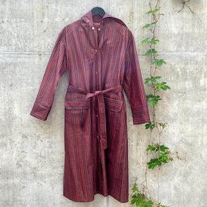Vintage Rukka PVC Raincoat / 70s Hooded Rukka Raincaot / 60s Woman Raincoat / Striped Burgundy Raincoat / Large Raincoat / Belted Raincoat