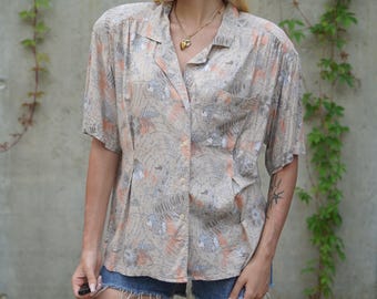 Vintage 90er Jahre Bluse : kurze Ärmel pastellfarbene Bluse mit Knöpfen aus Viskose L XL