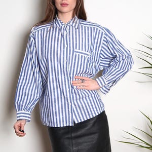 Vintage 90s Oversized Blue Striped Button Up Shirt/Long Sleeve White Blue stripes Top/ Large Collared Straight Cut Blouse/French Classic Top