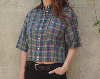 Vintage 90s Plaid Crop Shirt: Green Blue Checkered Cotton Blouse