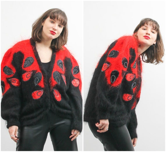 Vintage Black Red Cardigan / Embroidered Retro Car