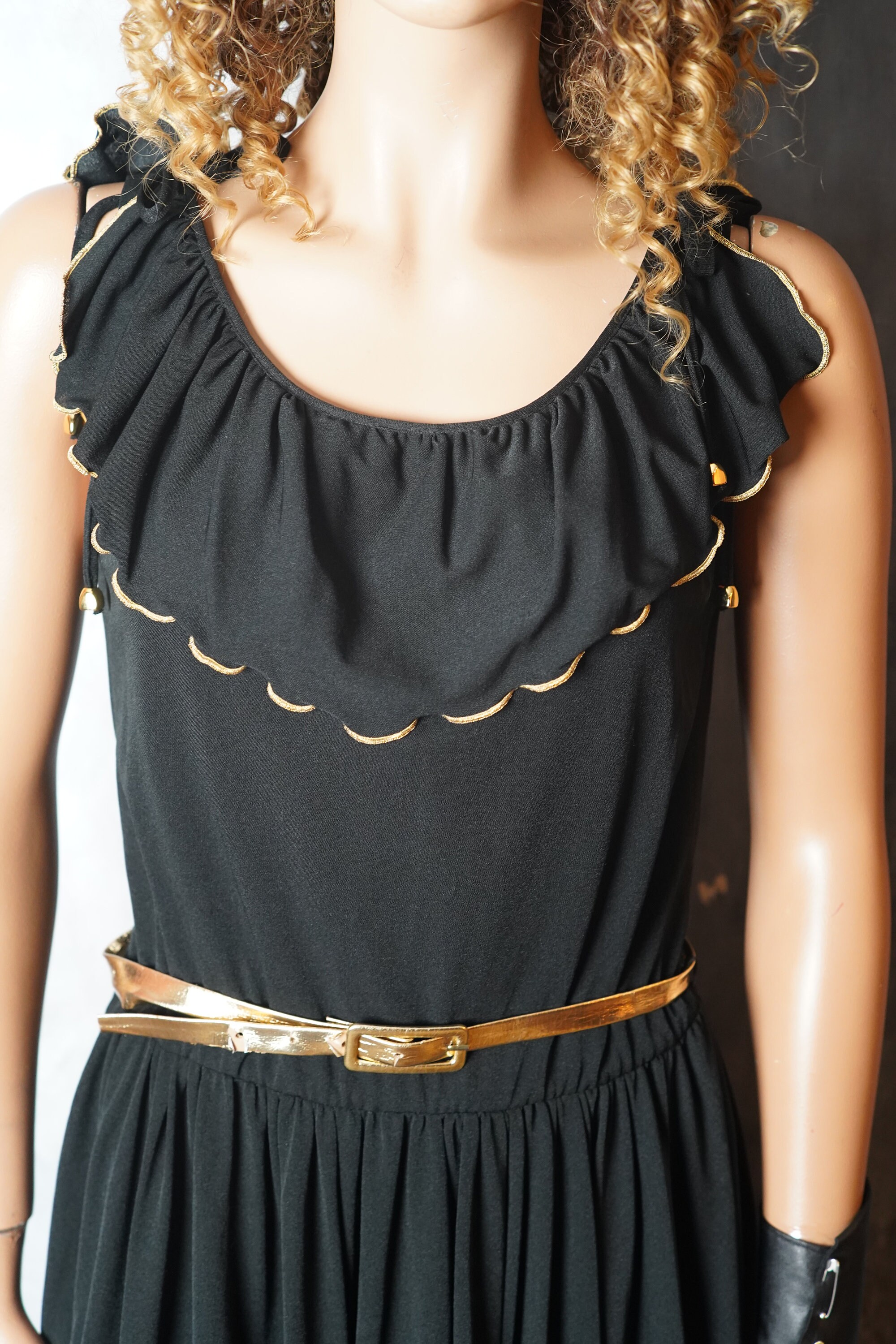 Vintage 80s Black Maxi Dress: Gold Belt Sleeveless Dress (Size 40)