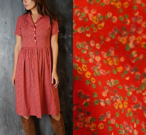 80s Red Cotton Dress / Vintage Bohemian Dress / C… - image 1
