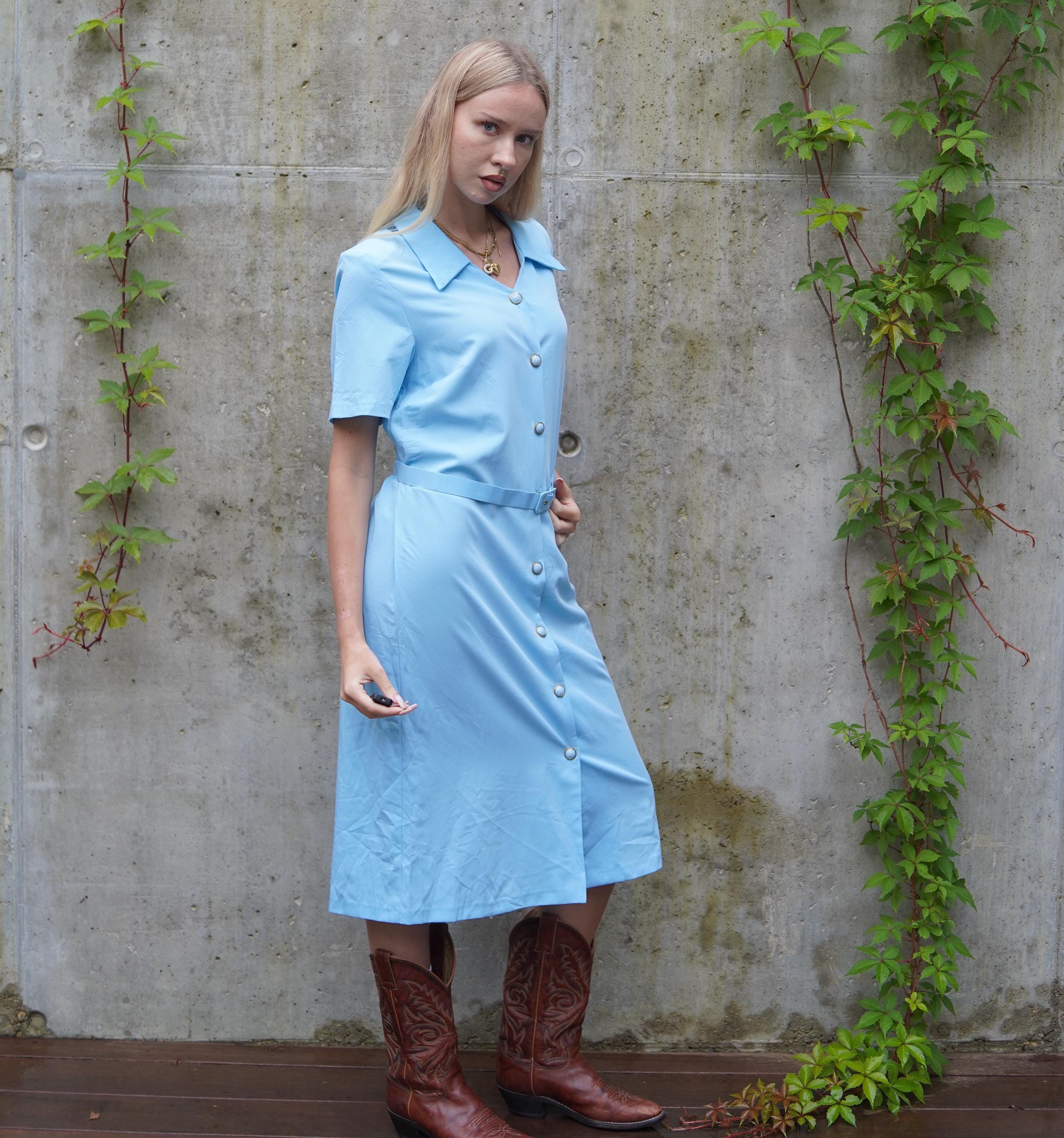 Vintage 80s French Blue Midi Dress: Afibel Button-Up, Size L/XL Vintage 80s French Blue Midi Dress: Afibel Button-Up, Size L/XL