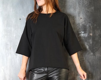 Women Black Kimono Sleeve Sweatshirt / Black Cotton Top / Men Cotton Top / Gender Neutral Top / Loose Fit Top /Oversize Sweatshirt Raw Edge