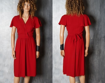 Creation Mademoiselle Dress / Red Classic Elegant Dress / 80s Red Retro Style Short Sleeve Midi Dress /Waisted Dress /Red Solid Medium Dress