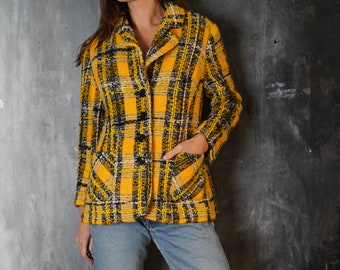 Vintage Lucie Linden Yellow Black White Checkered Blazer / 70s Women Wool Jacket / 70s Large Blazer / 70s Checkered Jacket  / 70s Jacket