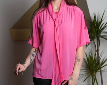 Vintage 90s Pink Tie Neck Blouse - Oversized Short Sleeve Top