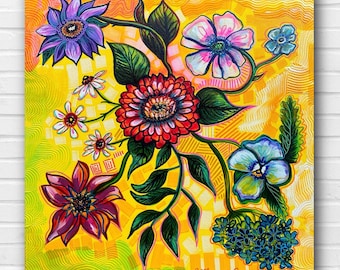 May include: A vibrant floral painting featuring a variety of flowers in shades of red, pink, blue, purple, and yellow. The flowers are arranged in a bouquet on a yellow background with a geometric pattern. The painting is signed "Megan Rae" in the bottom right corner.