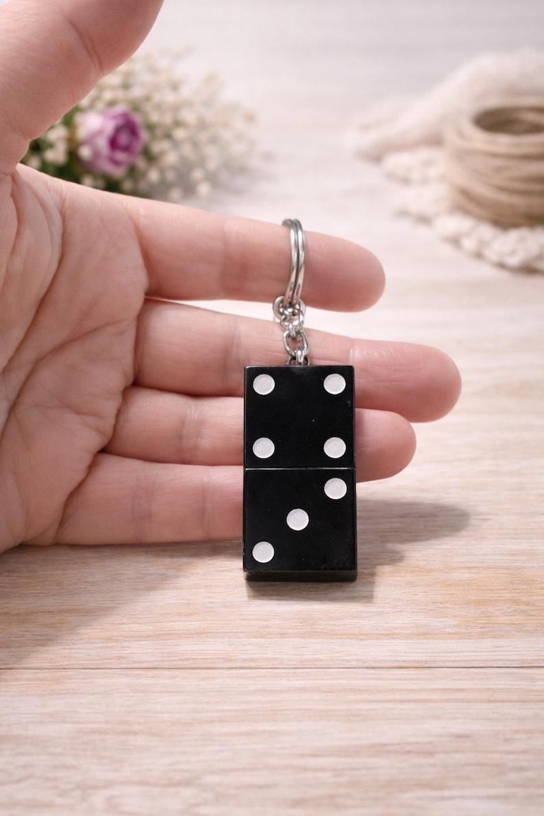Domino Keychain Black Epoxy Resin, Sleek Handmade Accessory for Keys ...