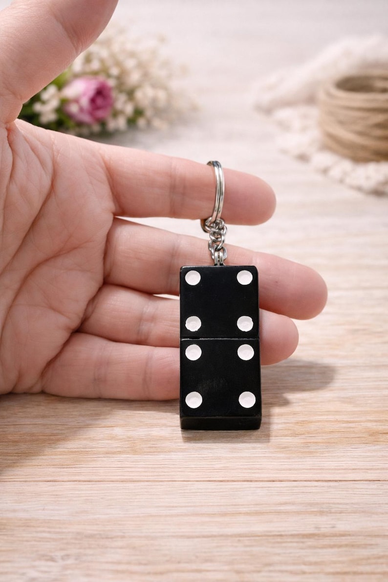 Domino Keychain Black Epoxy Resin, Sleek Handmade Accessory for Keys ...